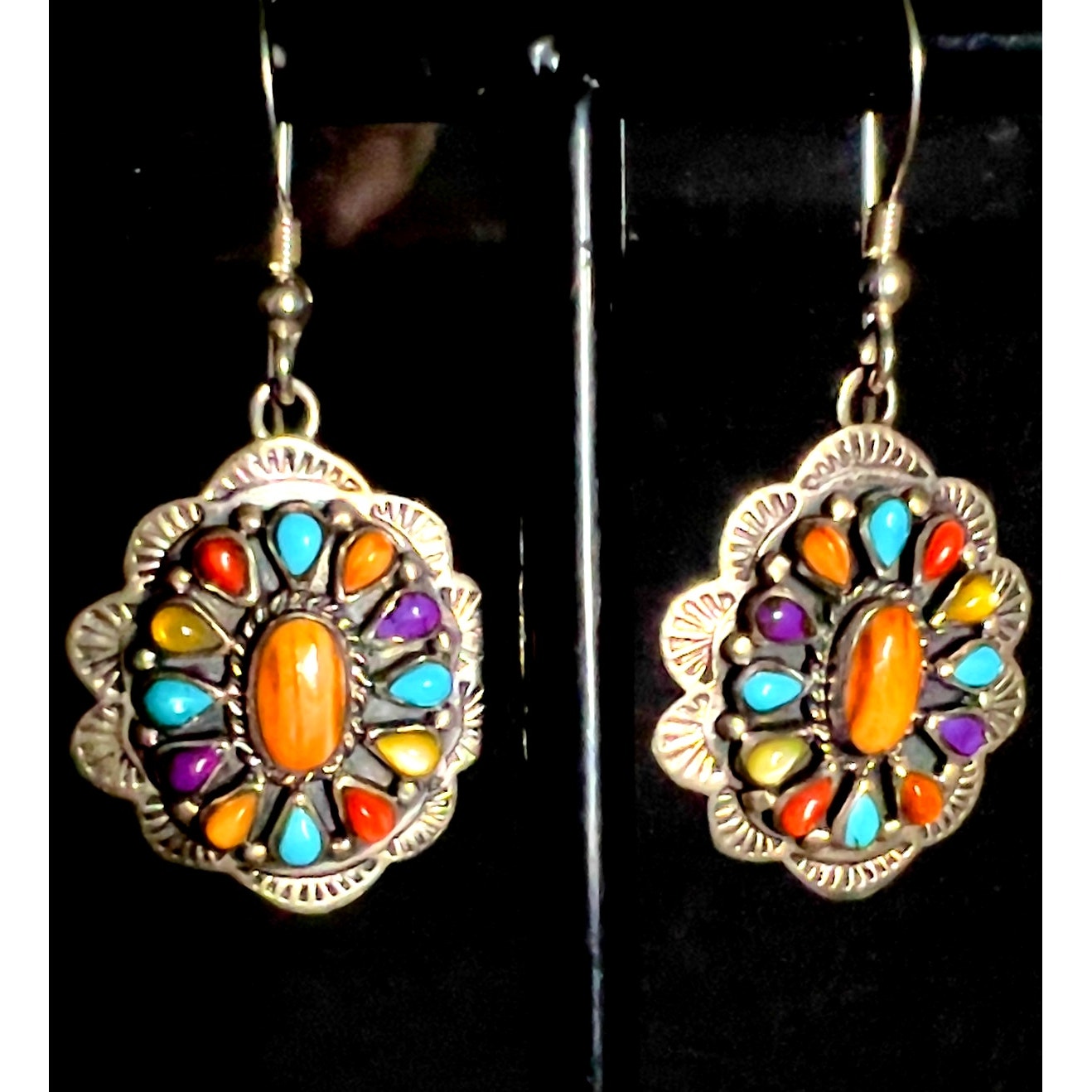 Vintage 925 Silver Multi Stone Cluster Concho Dangle Earrings 65$